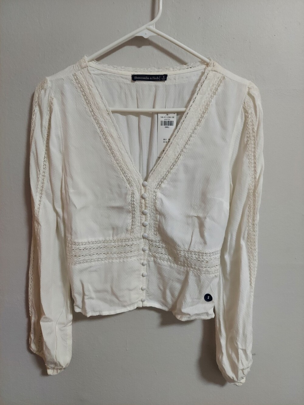 Abercrombie & Fitch Ivory Lace-Trim V-Neck Button Blouse